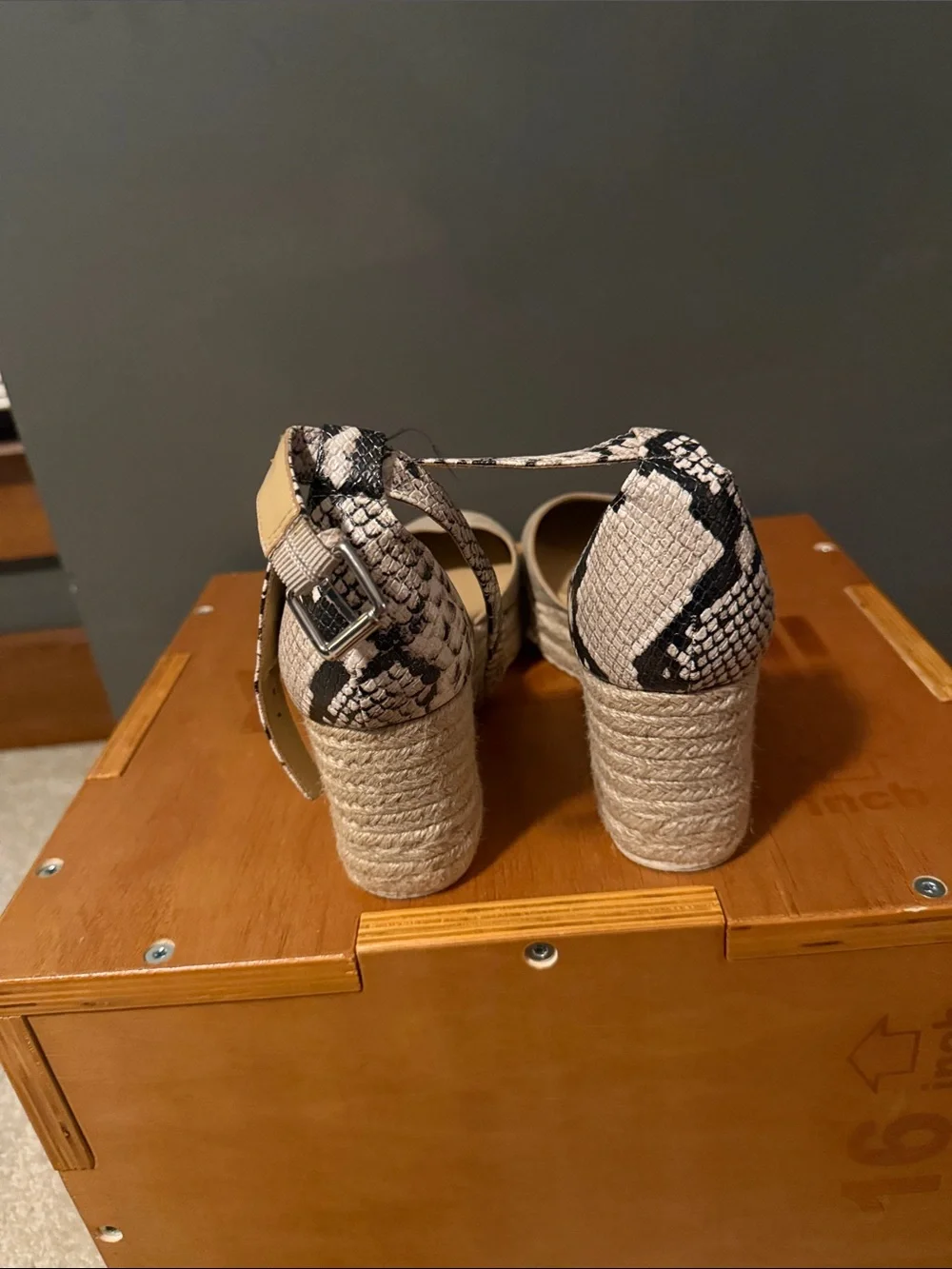 Wedge Espadrille Sandals in Beige with Snakeskin Ankle Strap